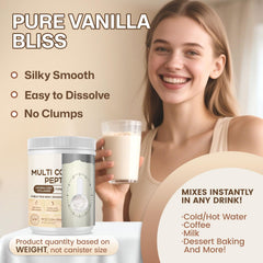 Vanilla collagen powder stirred into coffee or smoothie