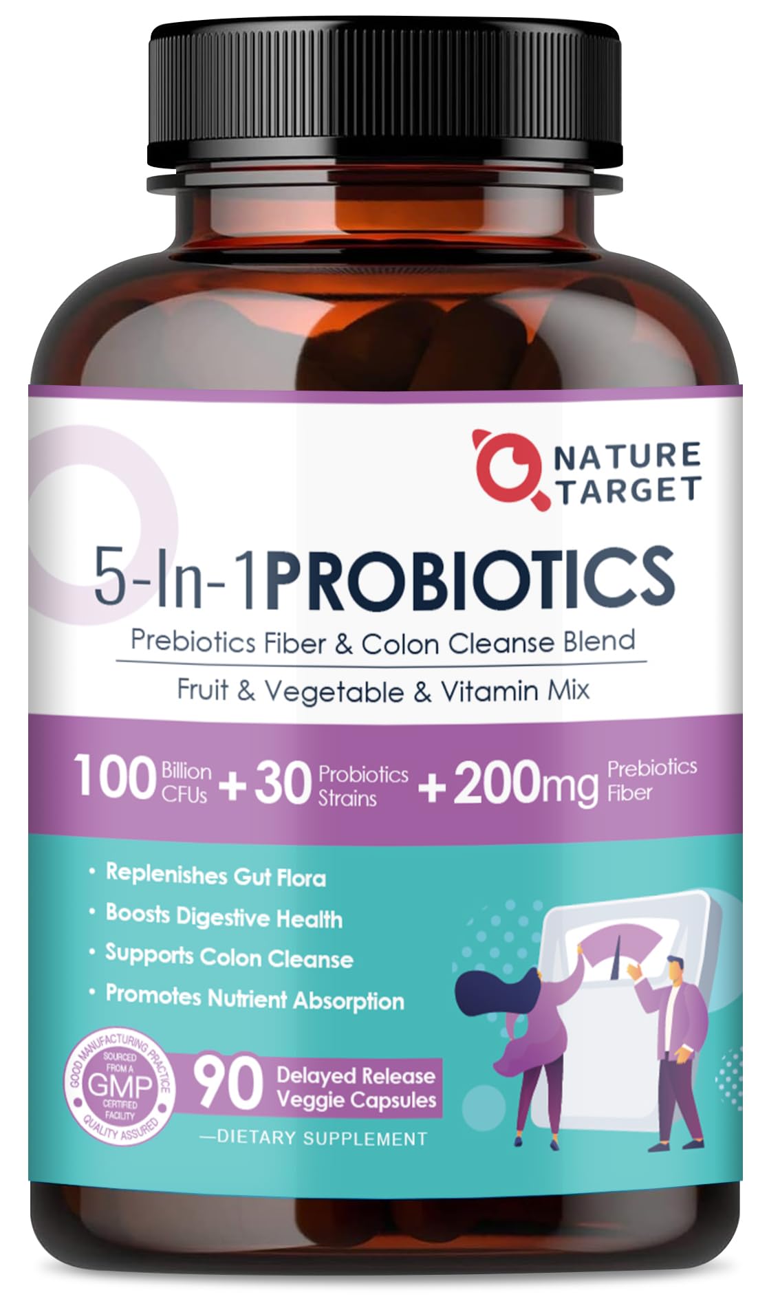 Bottle of NATURE TARGET Probiotics with 100B CFU label