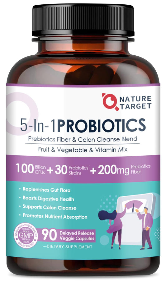 Bottle of NATURE TARGET Probiotics with 100B CFU label