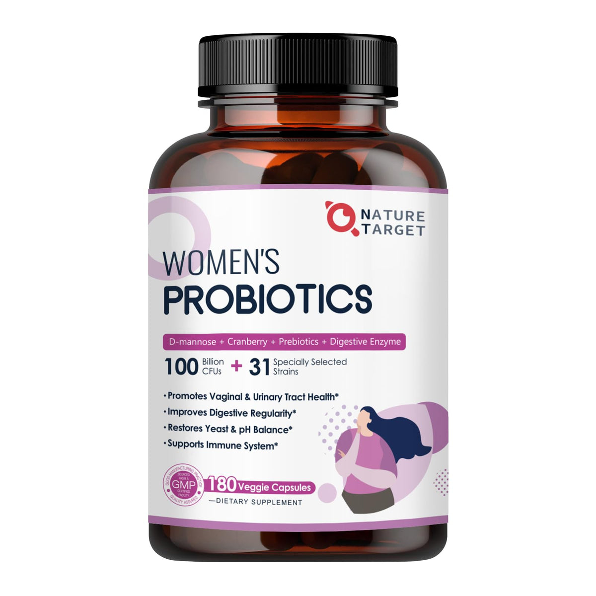 Nature Target Probiotics for Women bottle with 180 veggie capsules