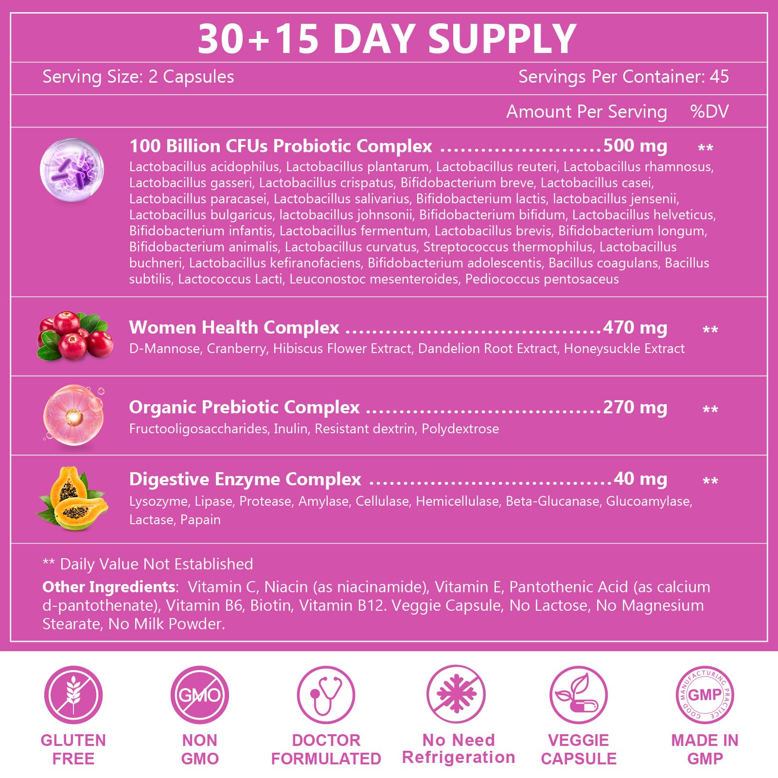 Dairy-free, Non-GMO probiotic label icons