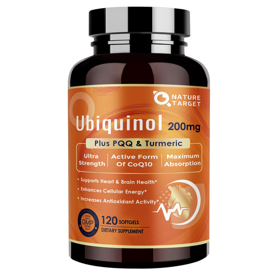 Front-facing bottle of Nature Target Ubiquinol CoQ10 200mg softgels with PQQ and Turmeric