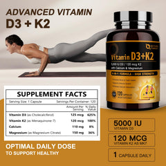 Vitamin D3 K2 capsules labeled 5000 IU D3 and 120 mcg K2