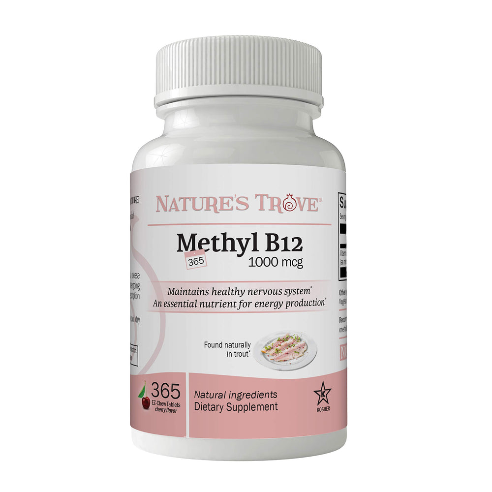 Bottle of Nature's Trove Vitamin B12 Methylcobalamin 1000 mcg Cherry Flavor Chewables 365-count