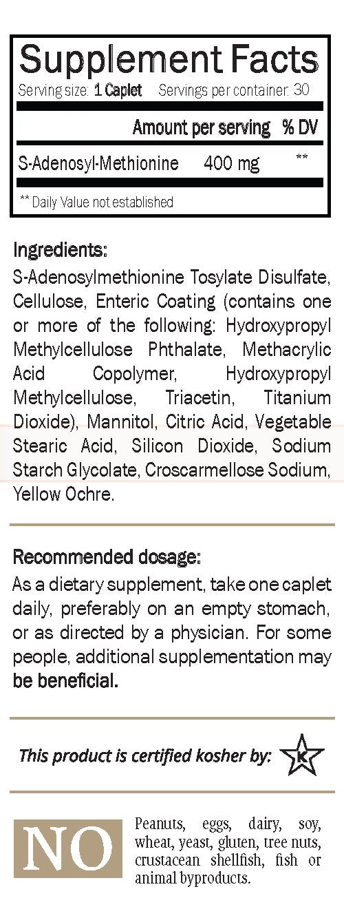Back label of Nature's Trove SAM-e 400mg enteric-coated caplets