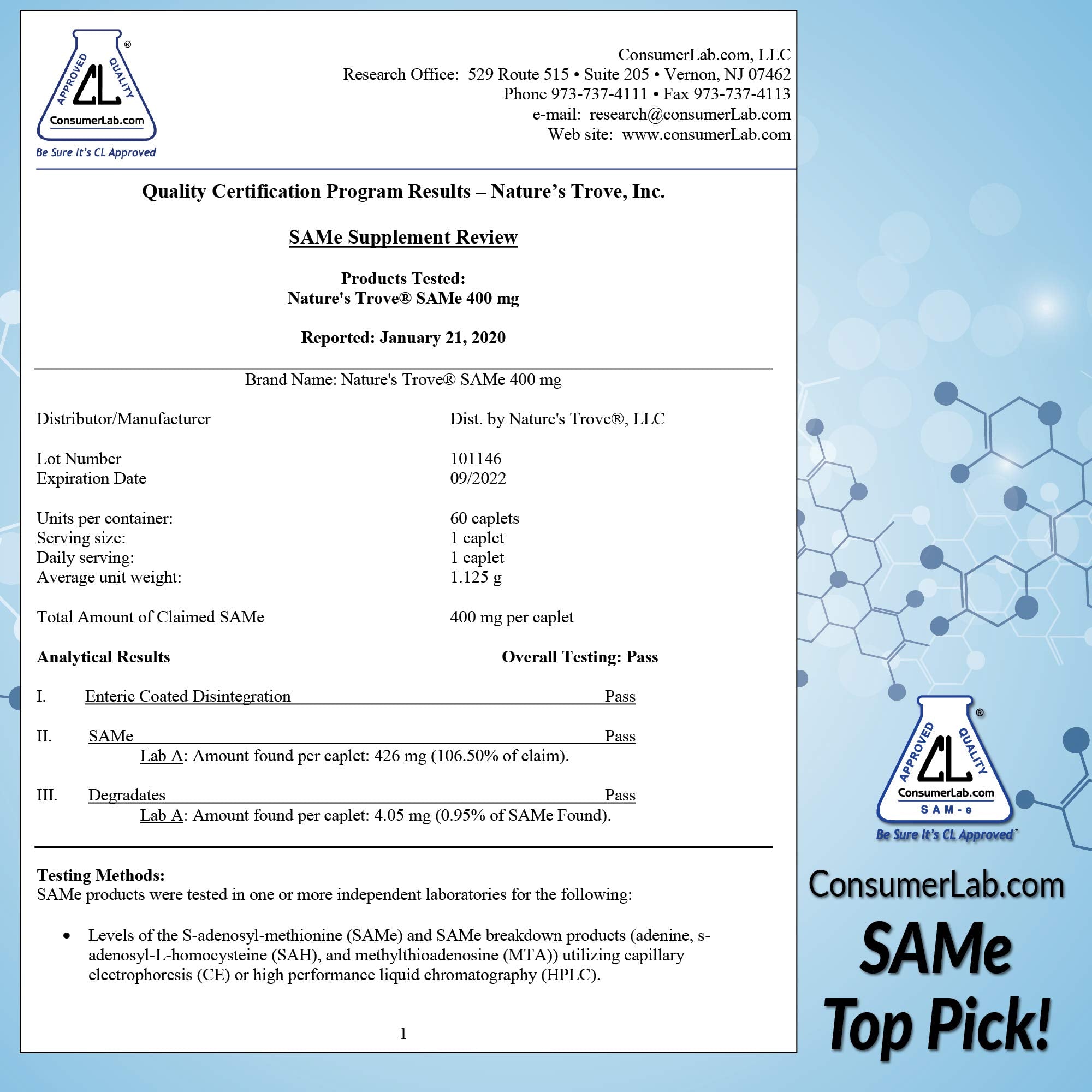 Blister pack of Nature's Trove SAM-e 400mg enteric-coated caplets
