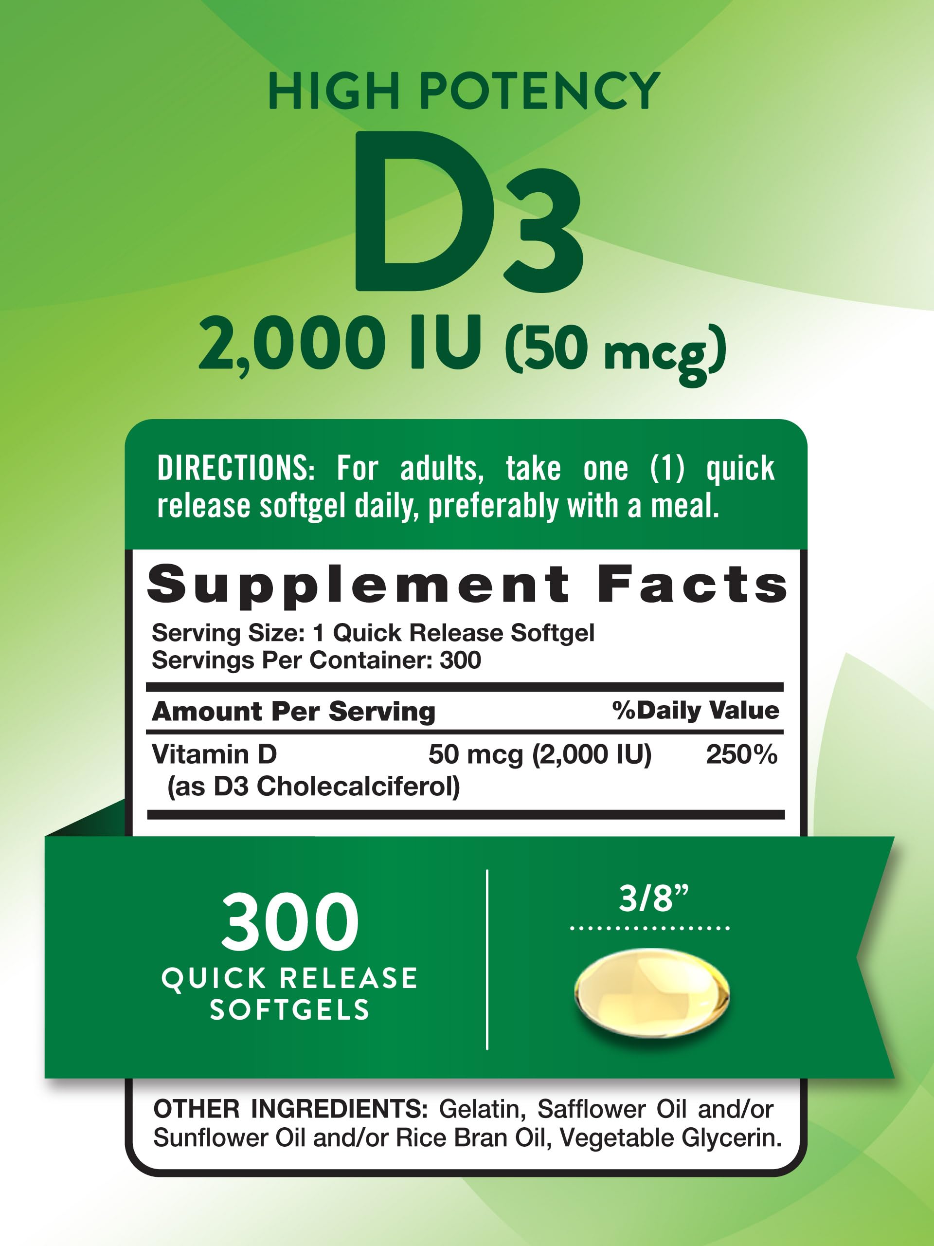 Bottle of Nature's Truth Vitamin D3 2000 IU 300 softgels