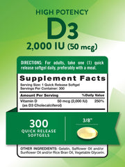 Bottle of Nature's Truth Vitamin D3 2000 IU 300 softgels