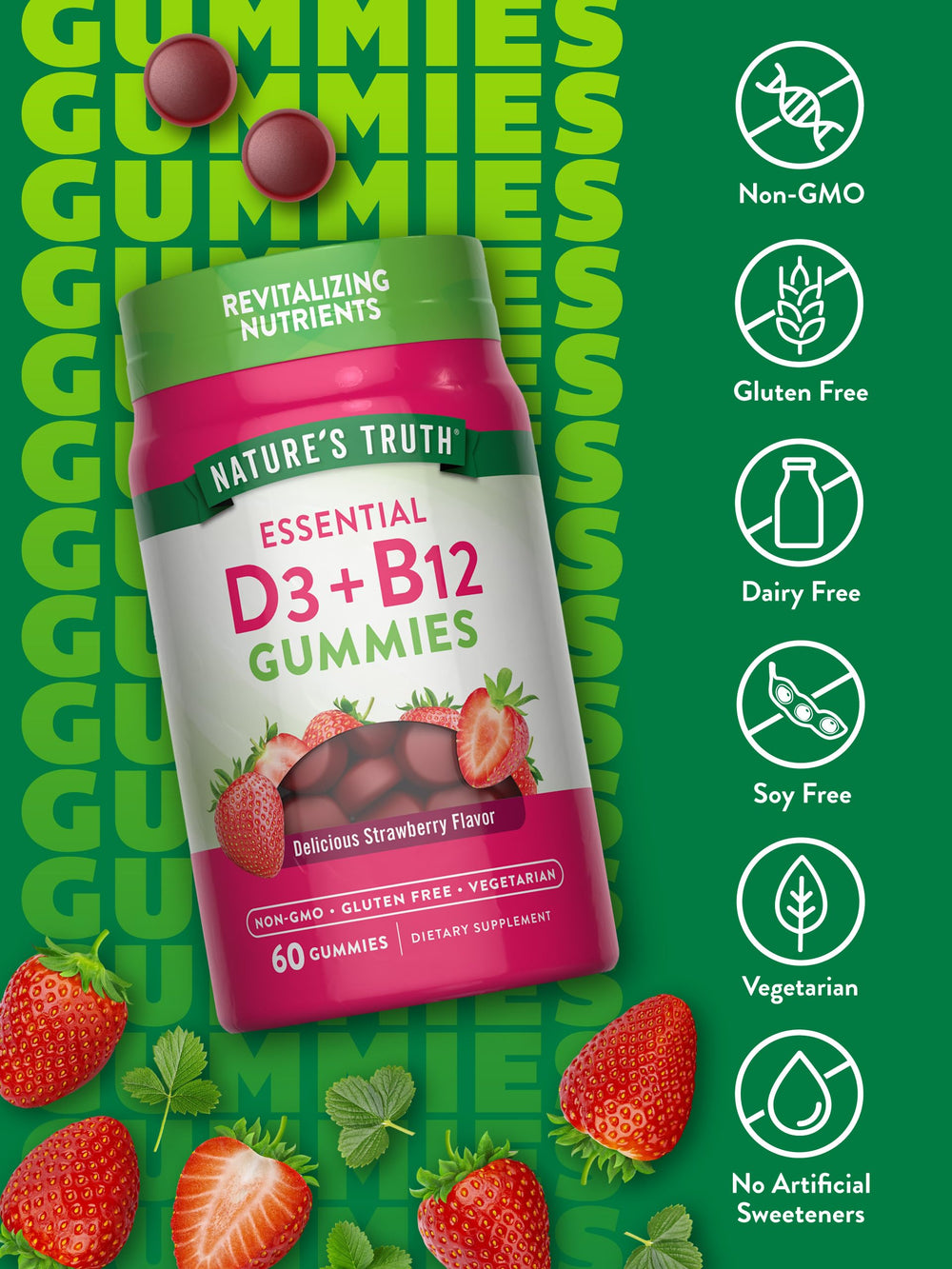 Vitamin D3 and B12 gummy supplement for adults