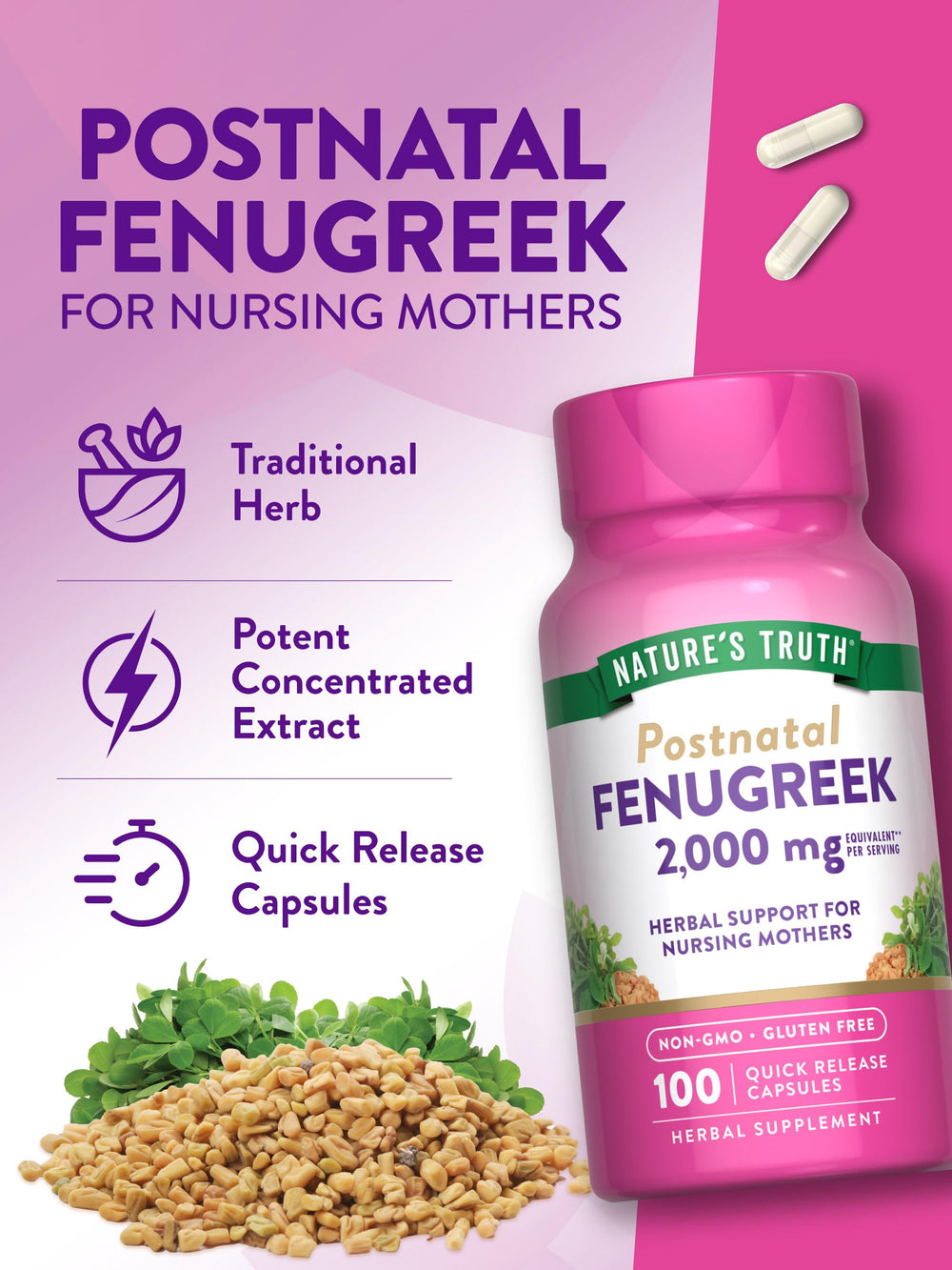 Close-up of bottle label for Nature's Truth fenugreek capsules