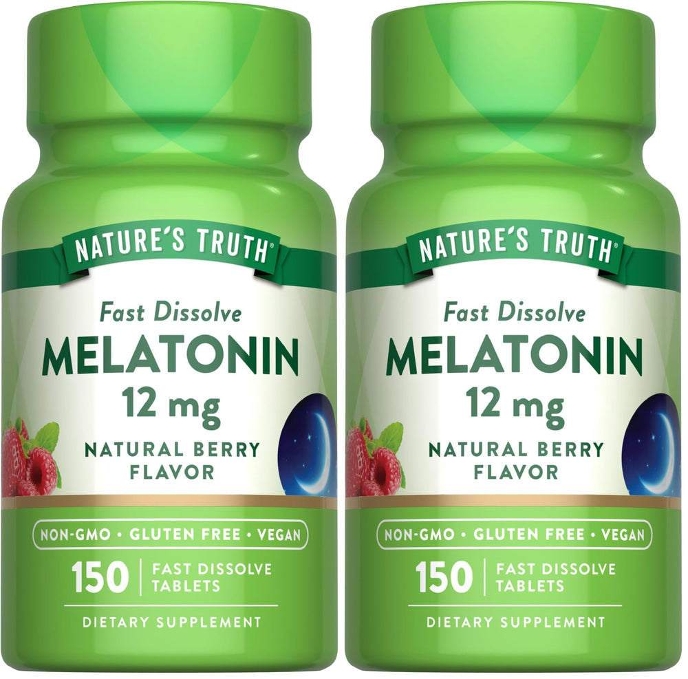 Front view of Nature's Truth Melatonin 12 mg pack (Pack of 2) with 150 tablets