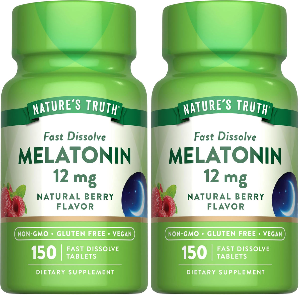 Front view of Nature's Truth Melatonin 12 mg pack (Pack of 2) with 150 tablets