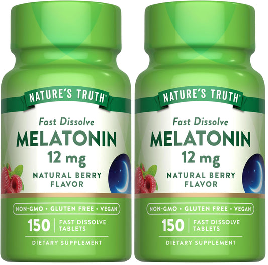 Front view of Nature's Truth Melatonin 12 mg pack (Pack of 2) with 150 tablets