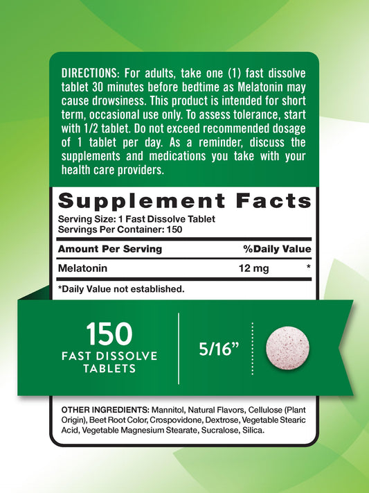 Product label showing 12 mg melatonin and berry flavor