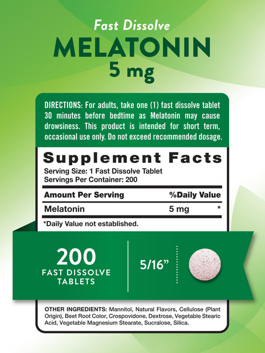 Close-up of Melatonin 5mg fast-dissolve berry tablets