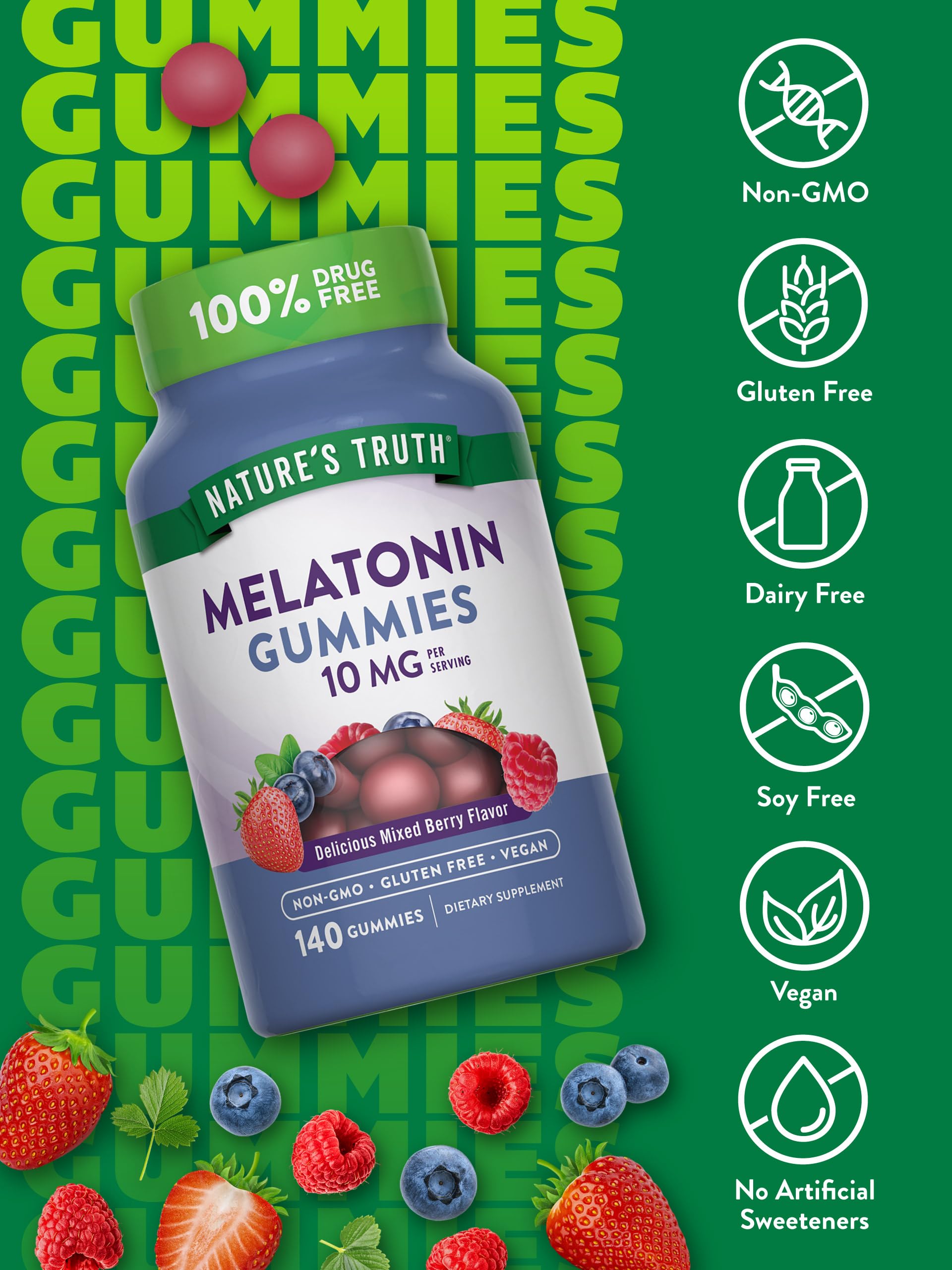 Label showing 10 mg melatonin per serving, 140-count