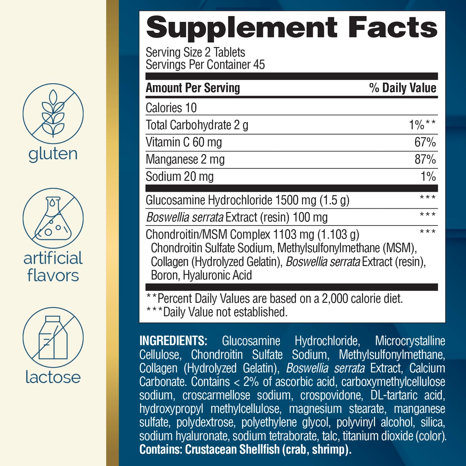 Close-up of bottle showing Glucosamine, Chondroitin, MSM, Hyaluronic Acid, Boswellia