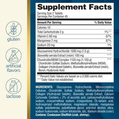 Close-up of bottle showing Glucosamine, Chondroitin, MSM, Hyaluronic Acid, Boswellia