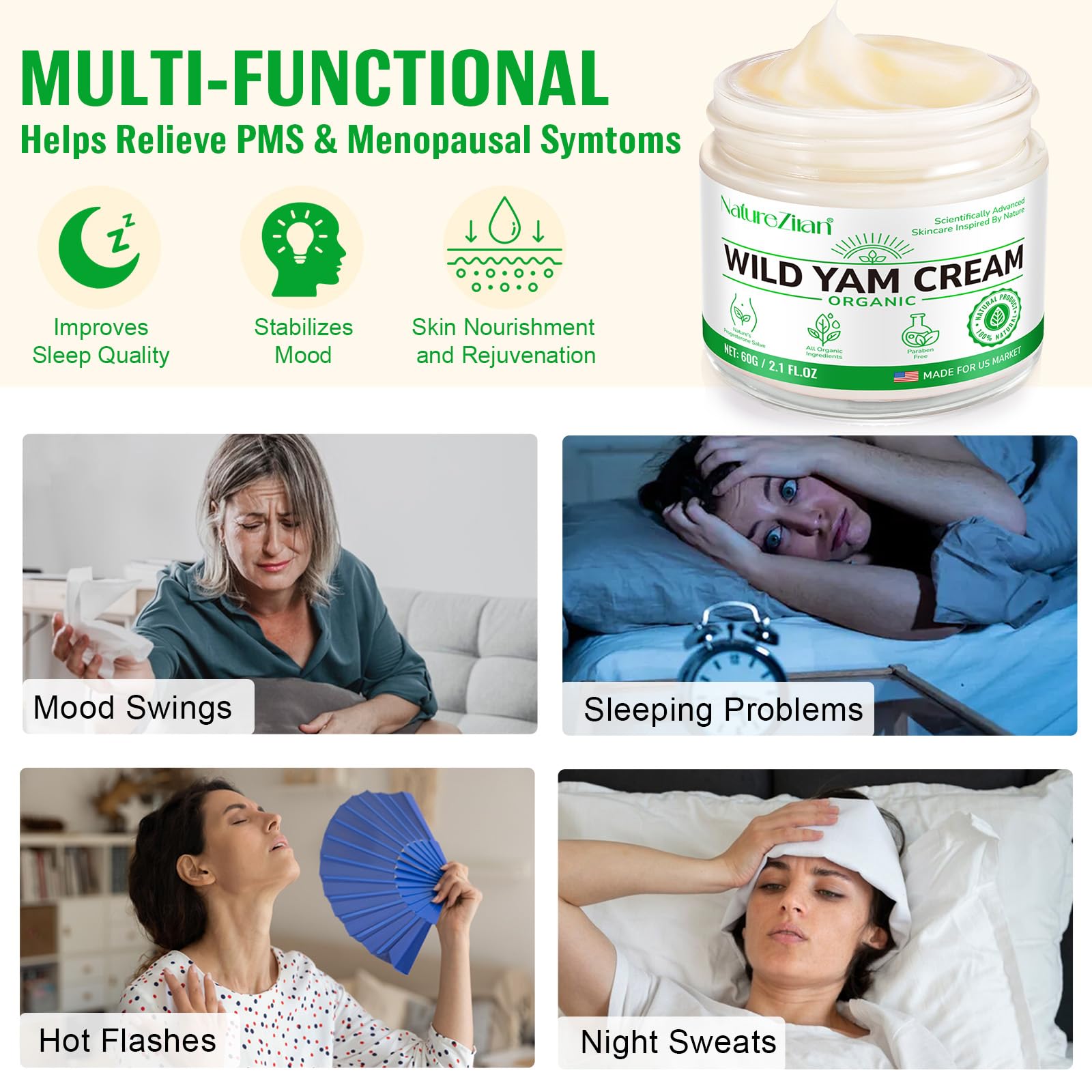 Nature Ziran Wild Yam Cream night routine setup for calm, hydrated skin before bed.