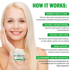 Nature Ziran Wild Yam Cream packaging box highlights estrogen-free formula for menopause and period support.