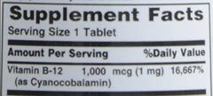Label close-up of Nature's Bounty B-12 1000 mcg tablets