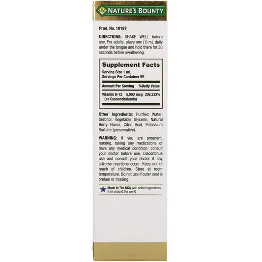 Nature's Bounty B-12 5000mcg vegetarian tablets – bottle label back view