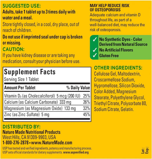 Nature Made product label showing calcium, magnesium, zinc and vitamin D
