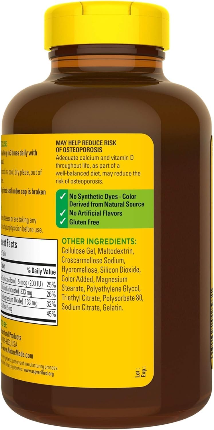 Nutrition facts panel for Nature Made Calcium Magnesium Zinc Vitamin D tablets