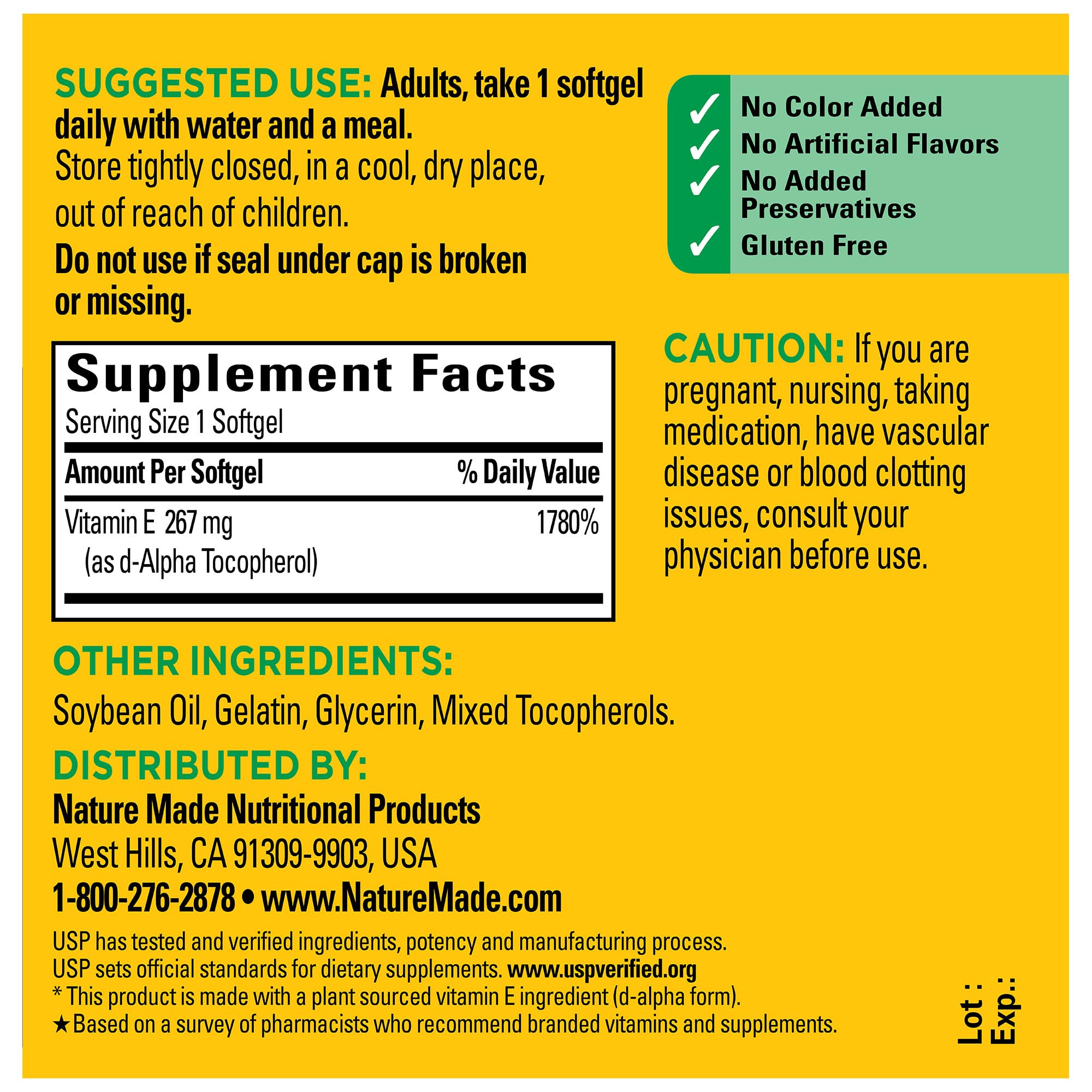 USP Verified seal on Nature Made Vitamin E packaging