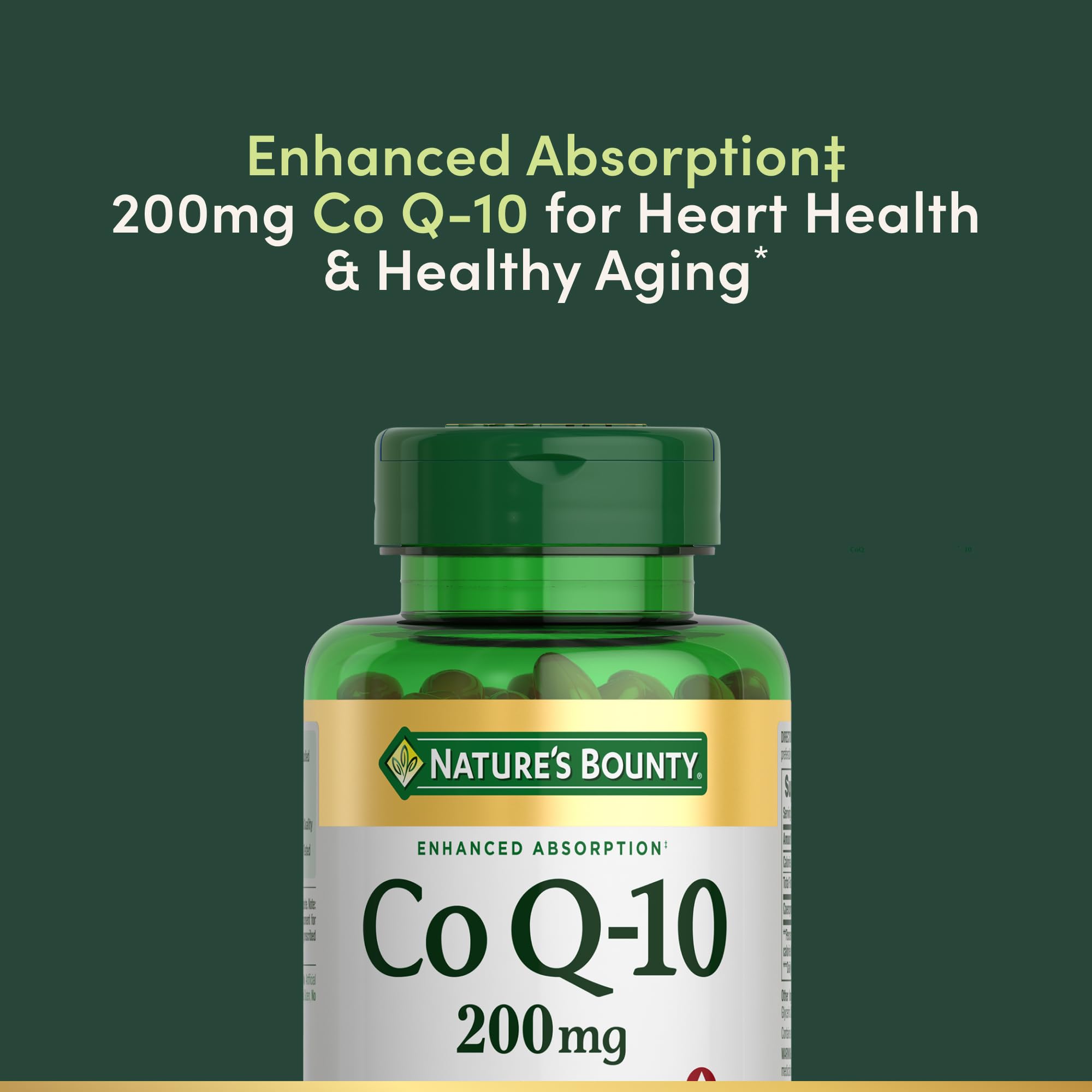 Close-up of Nature's Bounty CoQ-10 Q-Sorb 200 mg rapid-release softgels