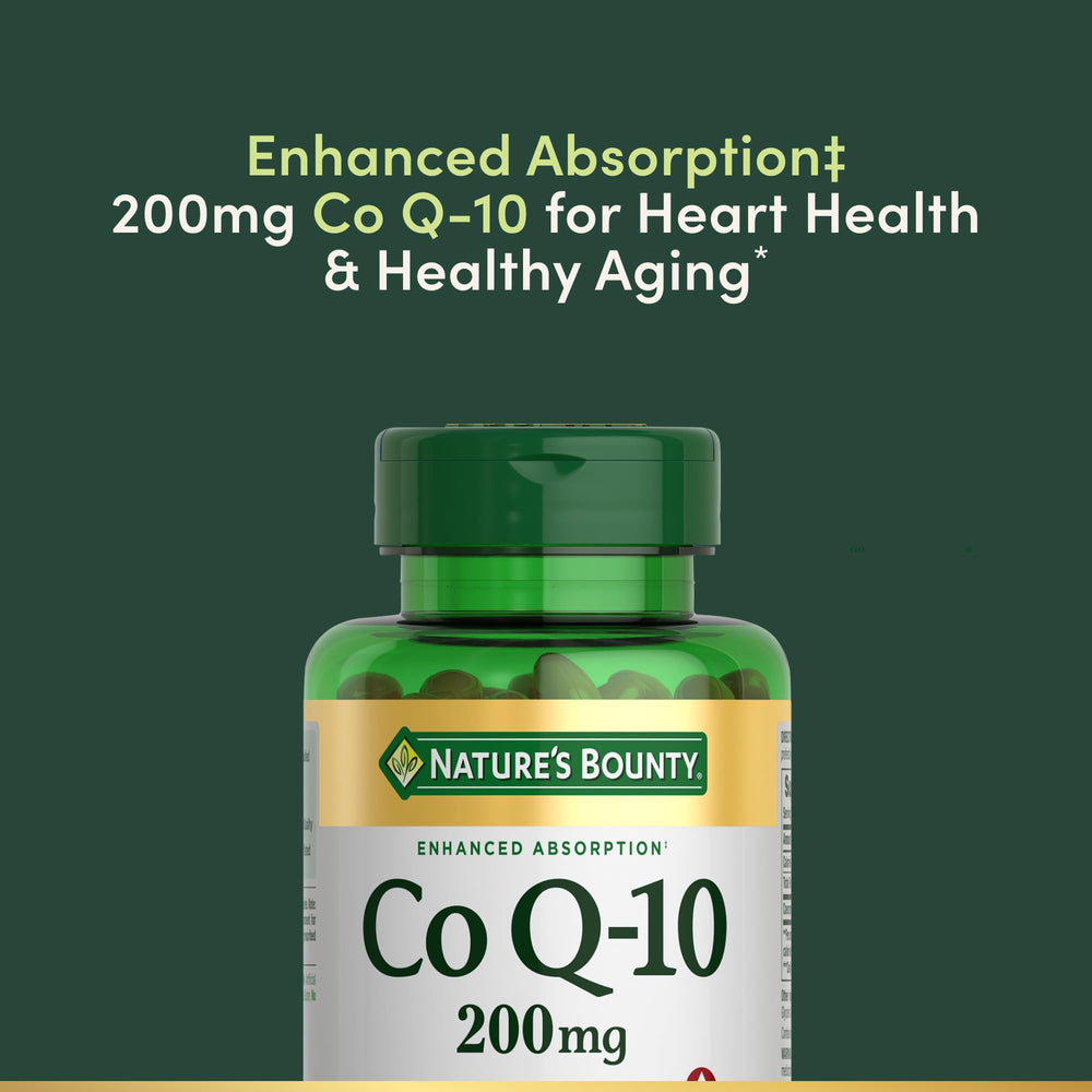 Close-up of Nature's Bounty CoQ-10 Q-Sorb 200 mg rapid-release softgels
