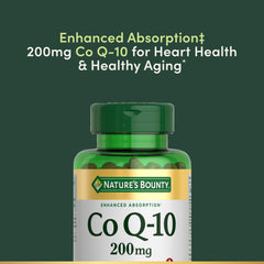 Close-up of Nature's Bounty CoQ-10 Q-Sorb 200 mg rapid-release softgels
