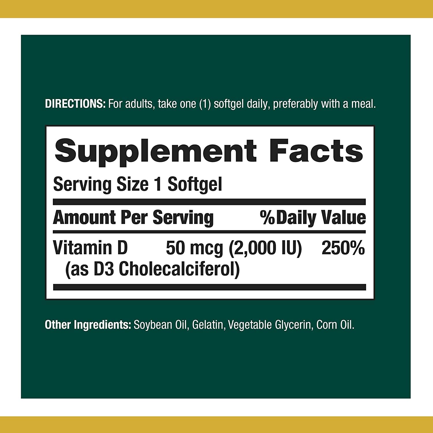 Close-up of Nature's Bounty Vitamin D3 2000 IU bottle label