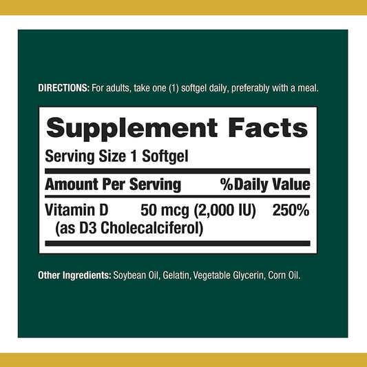 Close-up of Nature's Bounty Vitamin D3 2000 IU bottle label