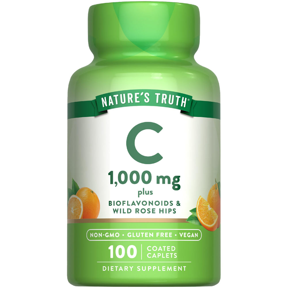 Front view of Nature's Truth Vitamin C 1000mg bottle with Bioflavonoids and Rose Hips – 100 caplets