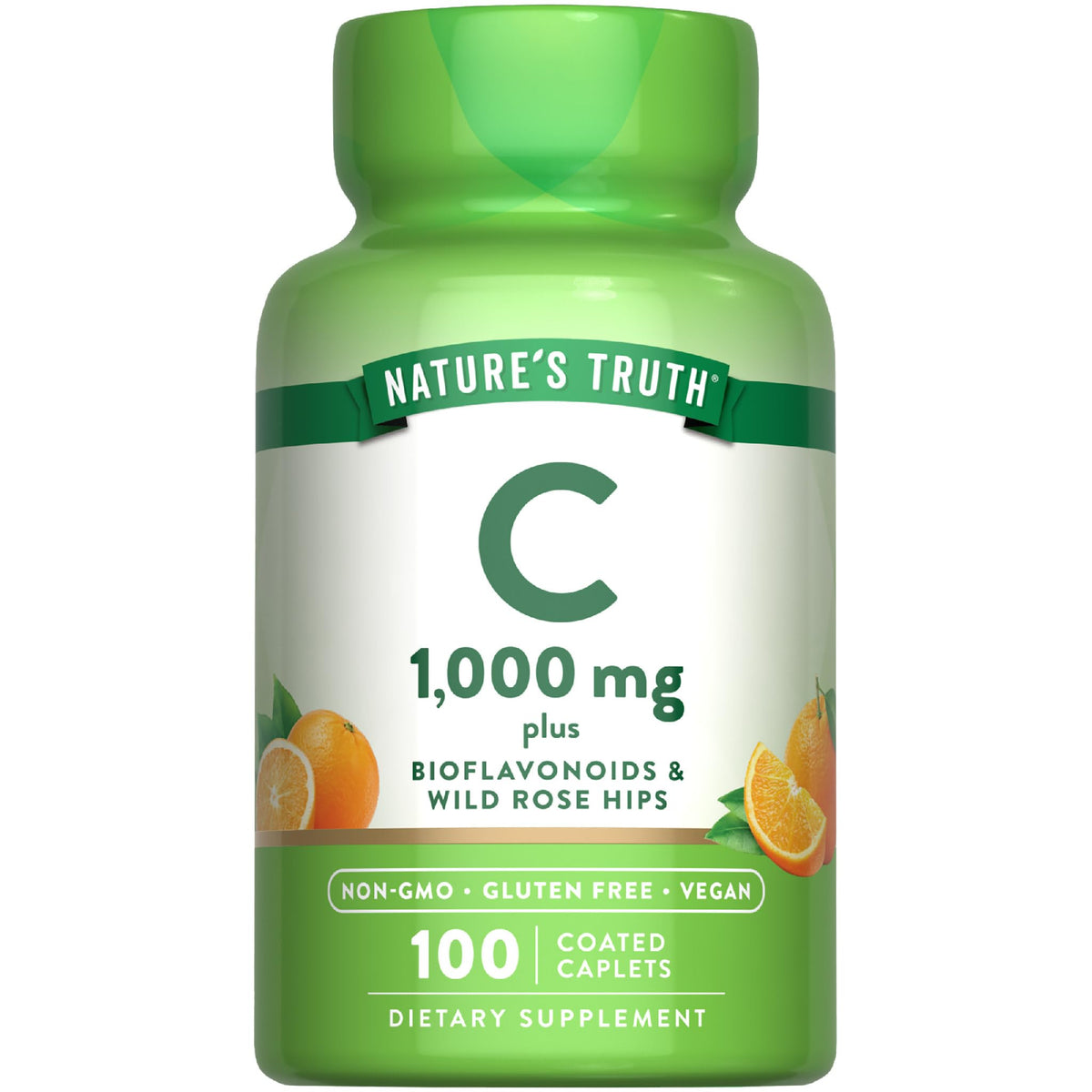 Front view of Nature's Truth Vitamin C 1000mg bottle with Bioflavonoids and Rose Hips – 100 caplets