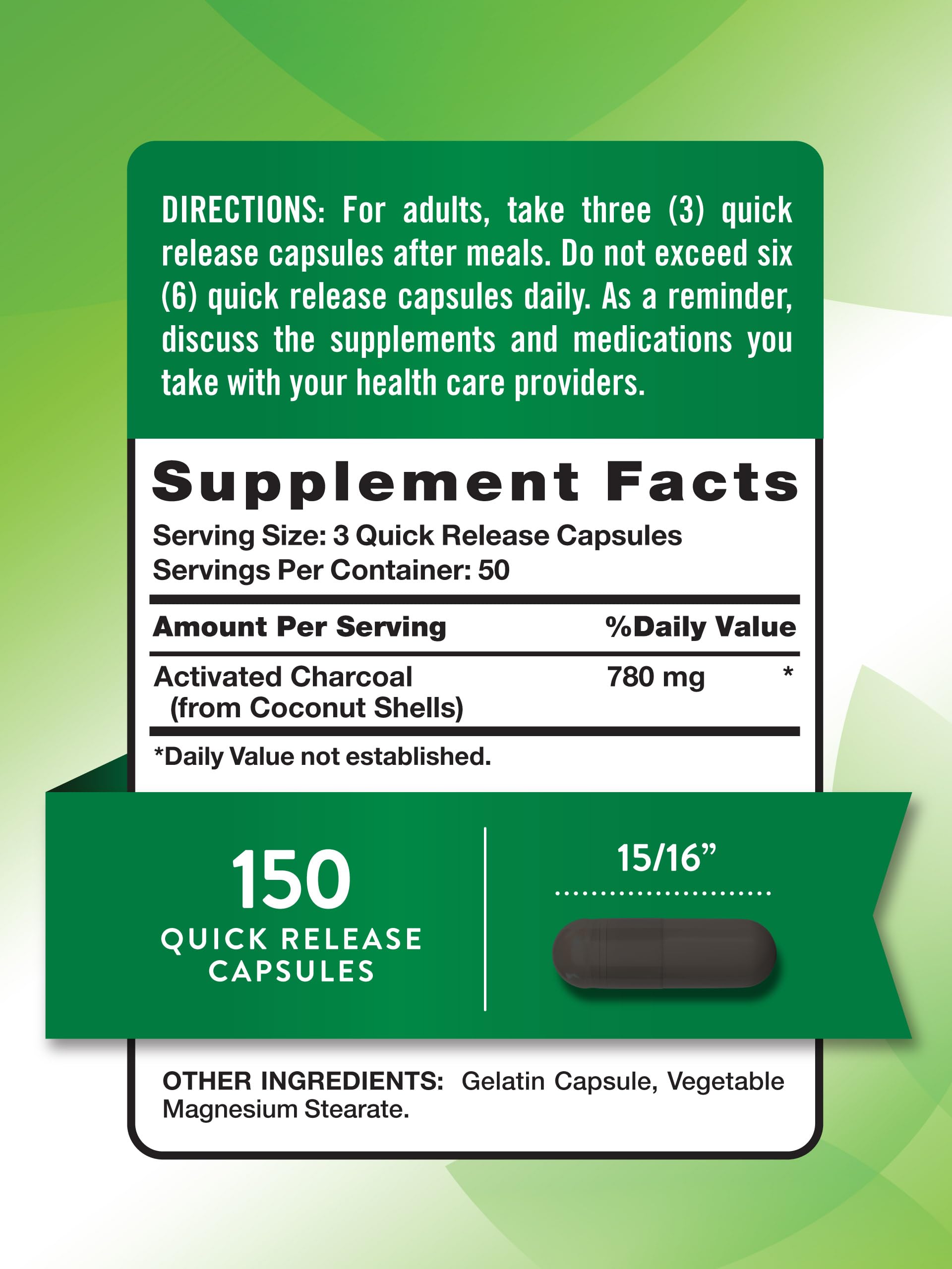 Supplement facts panel for Nature's Truth Activated Charcoal