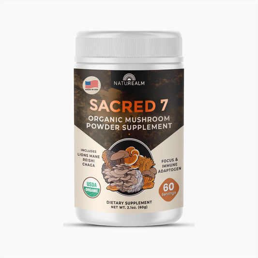 Naturealm Sacred 7 mushroom supplement bottle label with 7 functional mushrooms