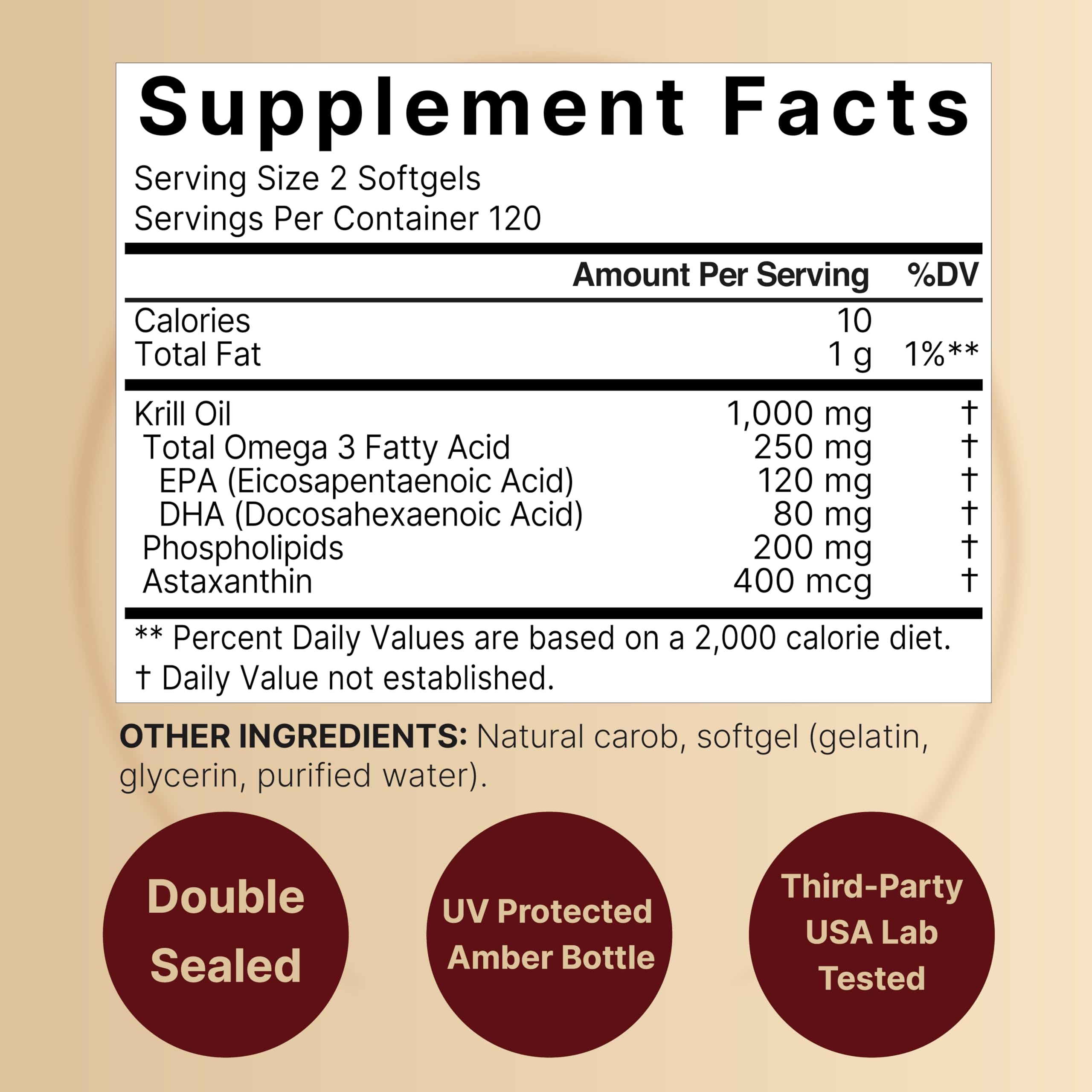 Close-up of NatureBell Antarctic Krill Oil softgels, two-softgel serving