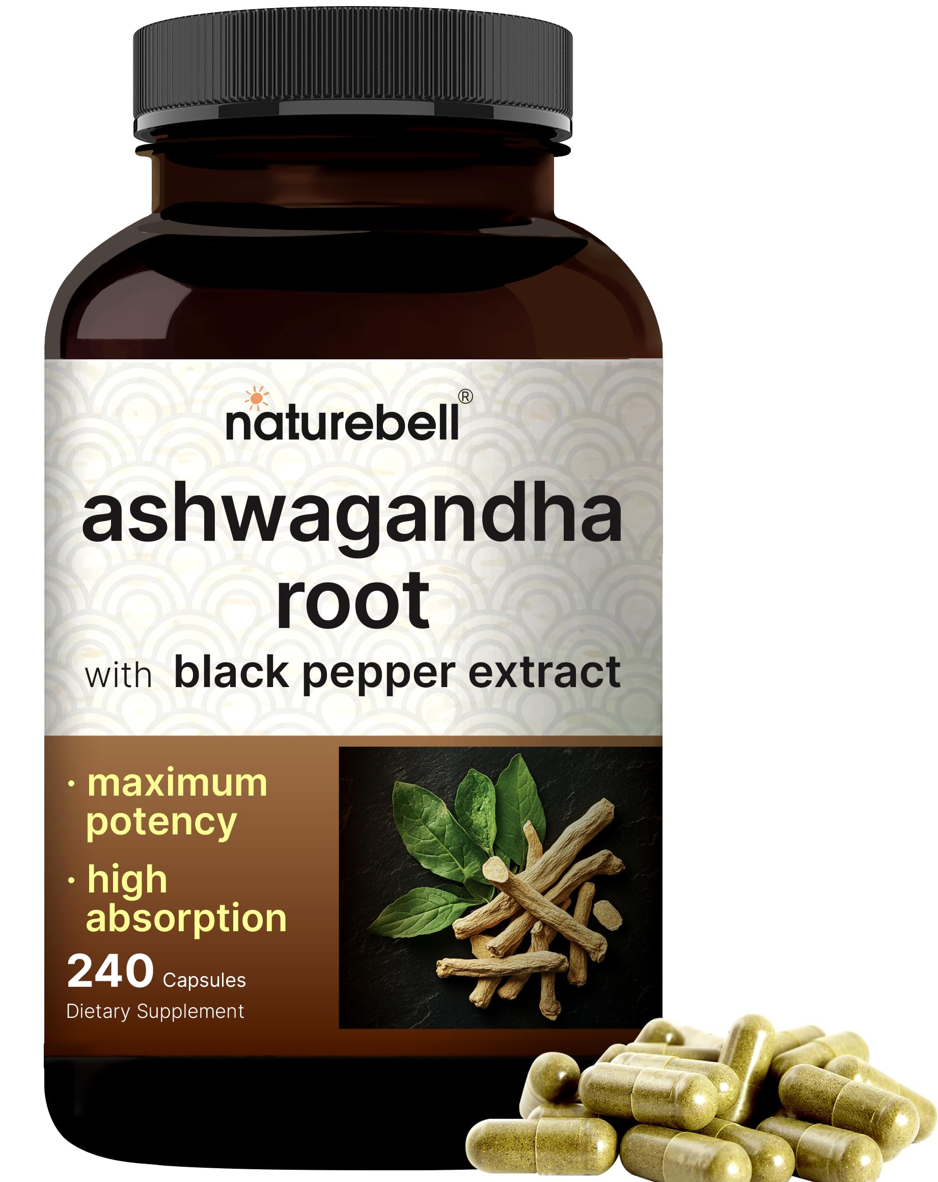 NatureBell Ashwagandha with Black Pepper bottle - 240 capsules