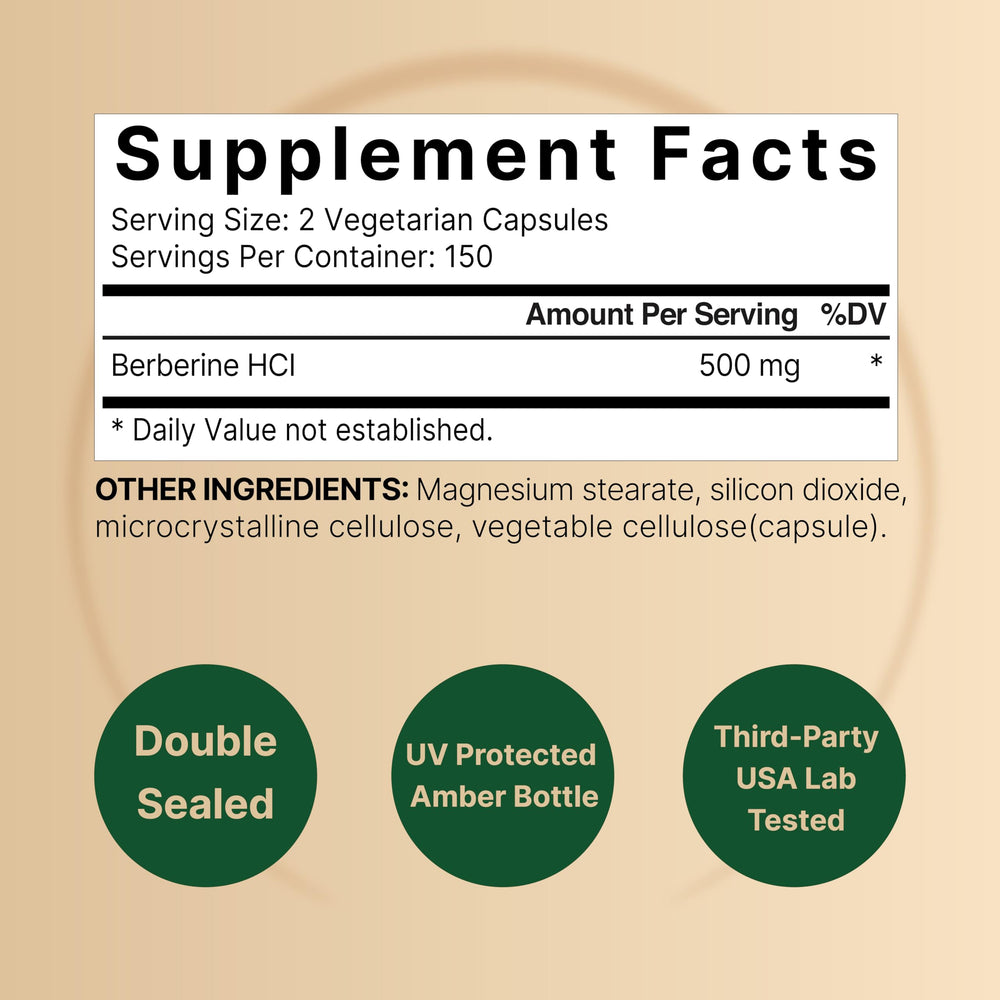 Close-up of Berberine capsules showing 500mg serving