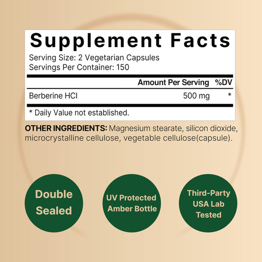 Close-up of Berberine capsules showing 500mg serving