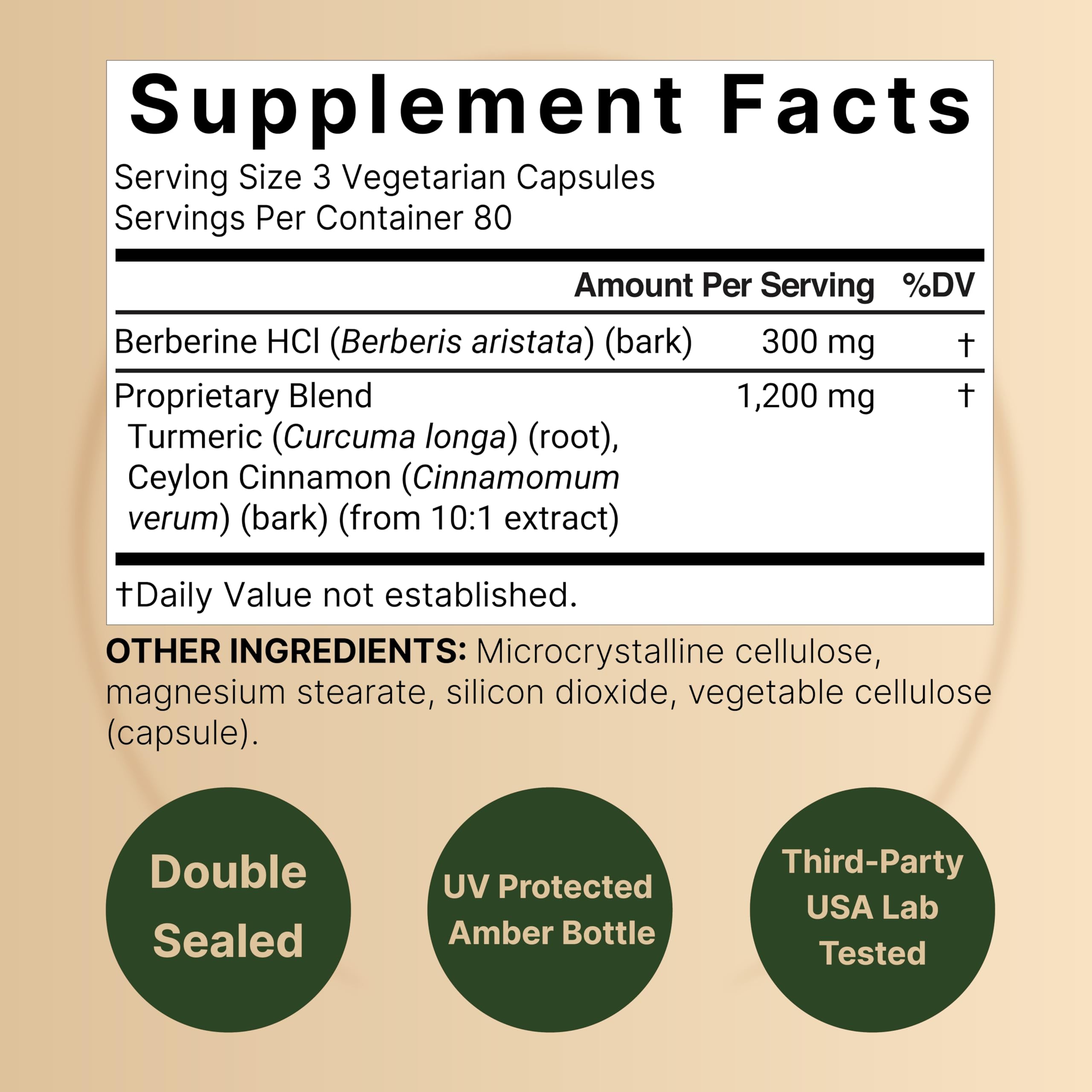 NatureBell berberine-cinnamon-turmeric complex label close-up promotes 3-in-1 potency