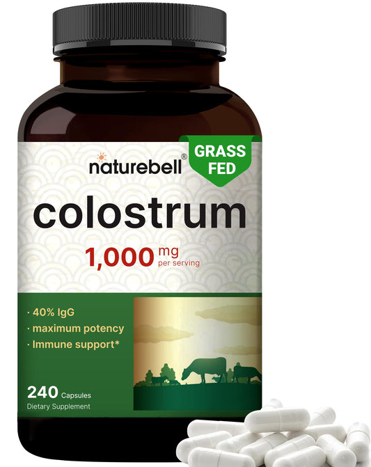 NatureBell Bovine Colostrum bottle showing 1,000mg per serving and 240 capsules