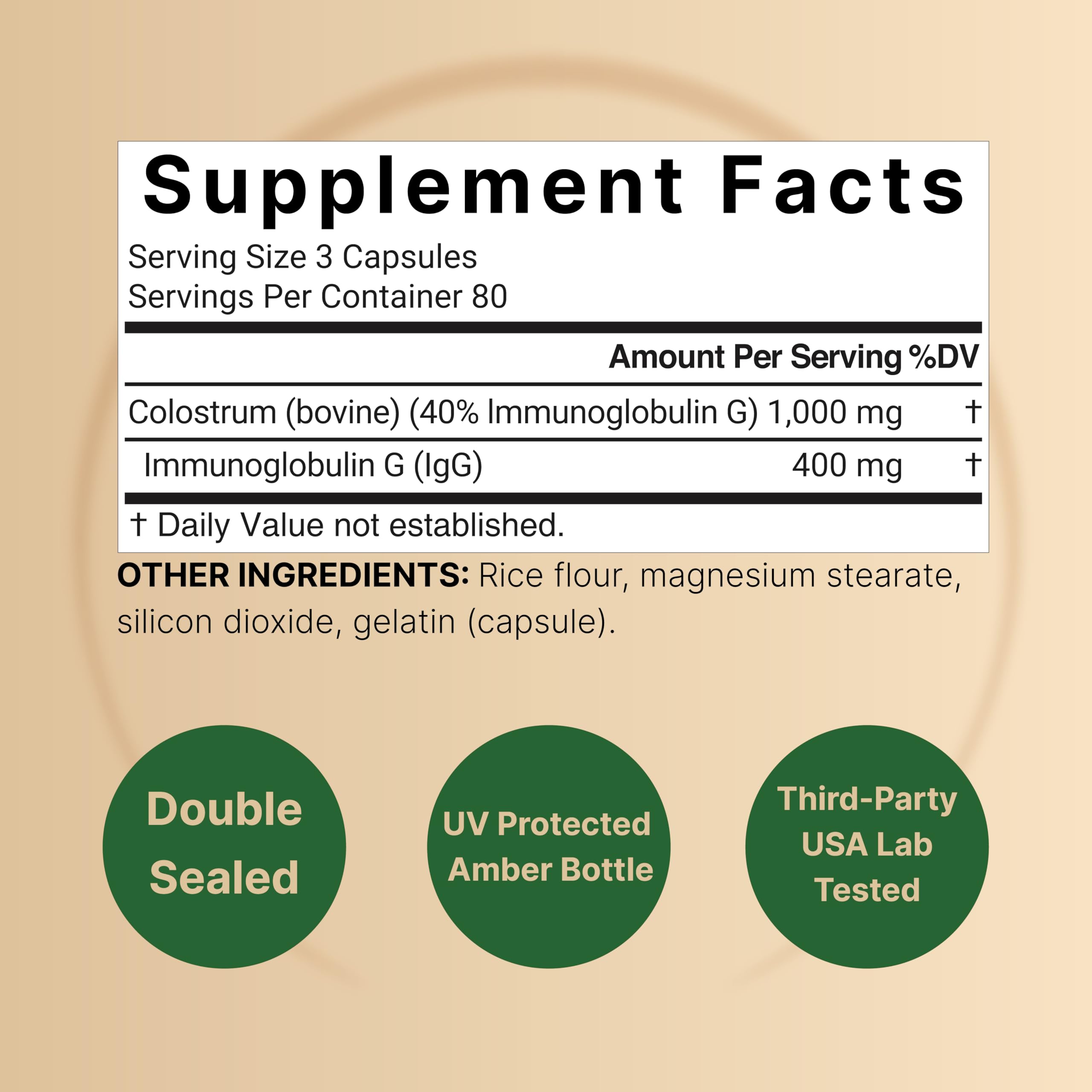 Close-up of 40% IgG immunoglobulins label on NatureBell colostrum