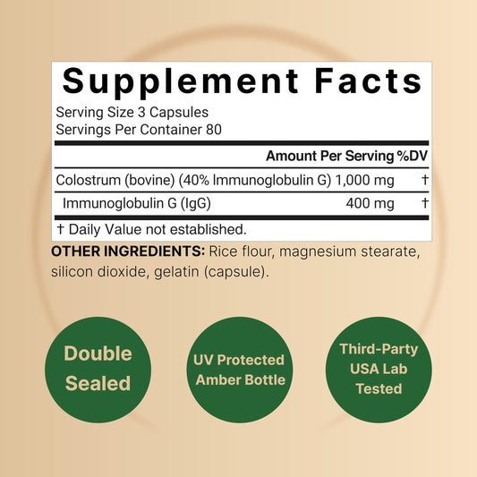 Close-up of 40% IgG immunoglobulins label on NatureBell colostrum