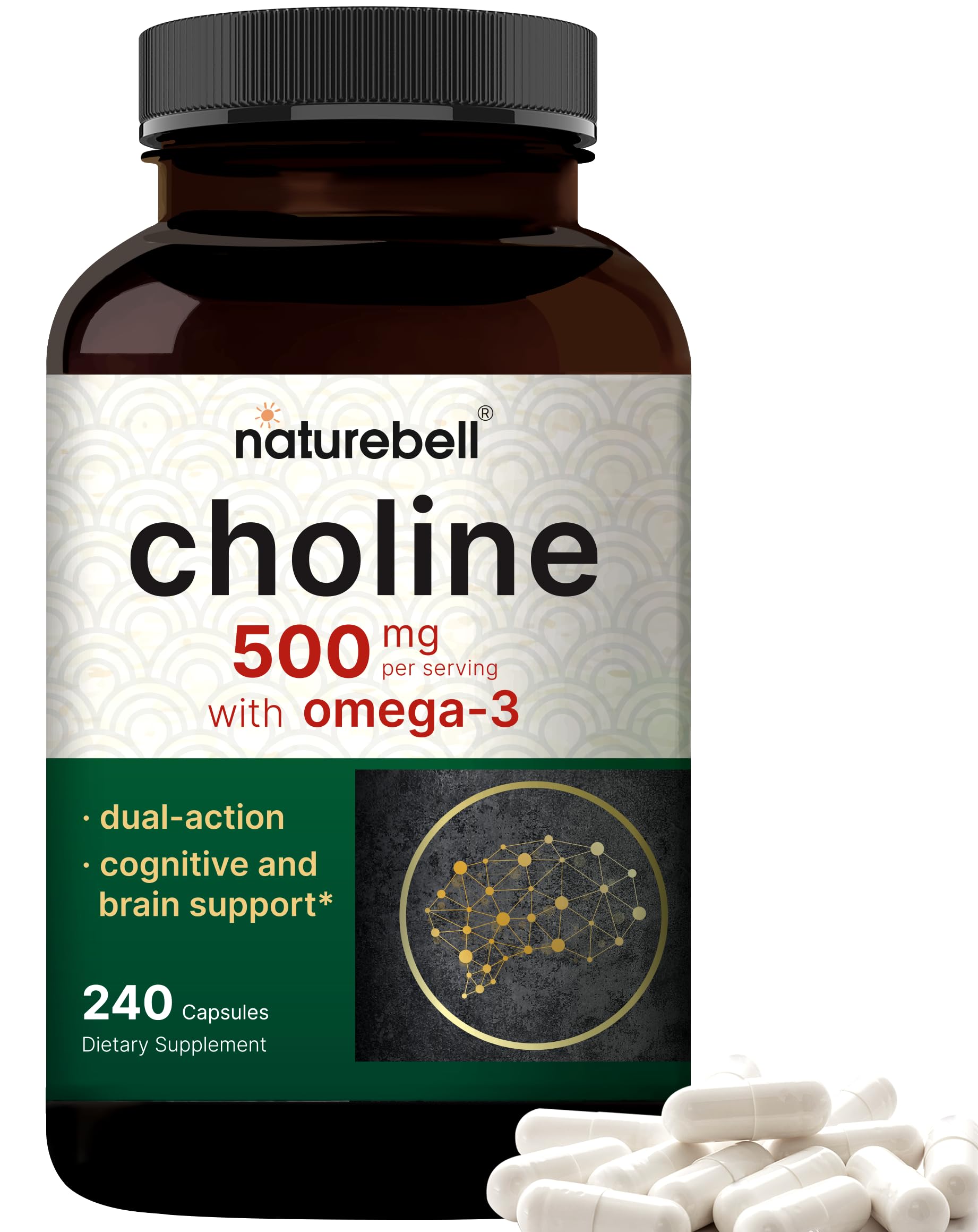 NatureBell Choline 500mg with Omega-3 bottle on kitchen counter