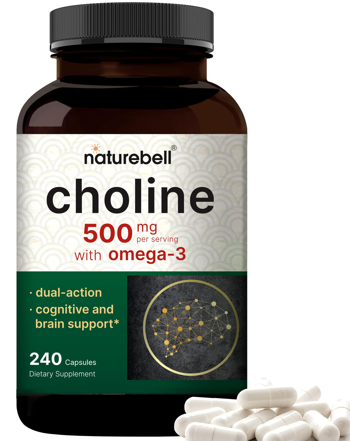 NatureBell Choline 500mg with Omega-3 bottle on kitchen counter