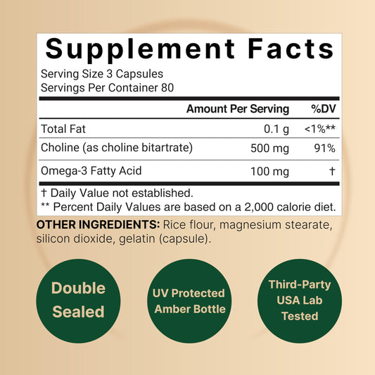 Close-up of NatureBell choline and omega-3 capsules