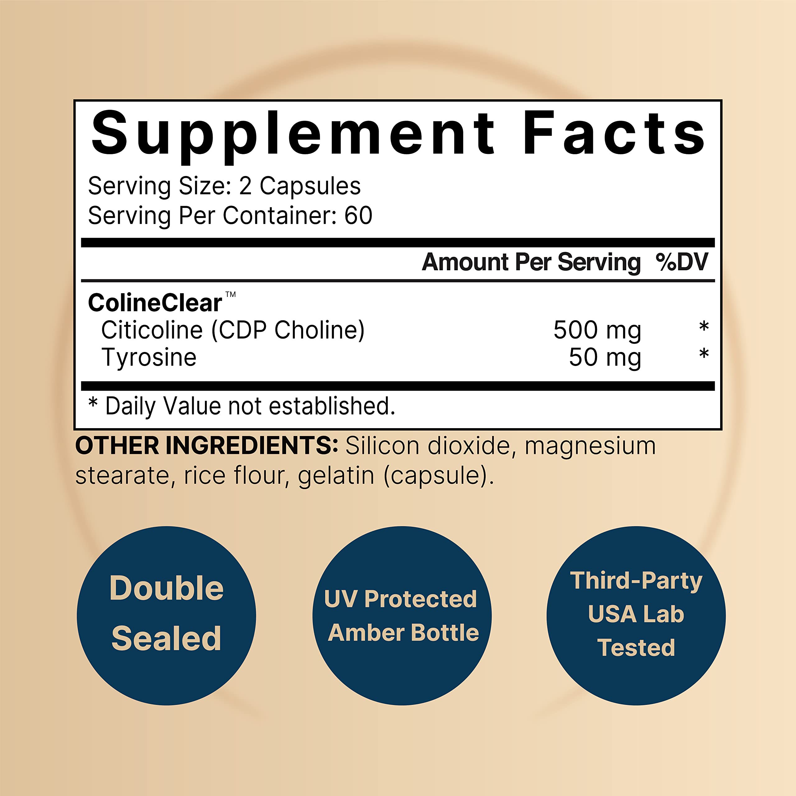 Close-up of tasteless citicoline capsules